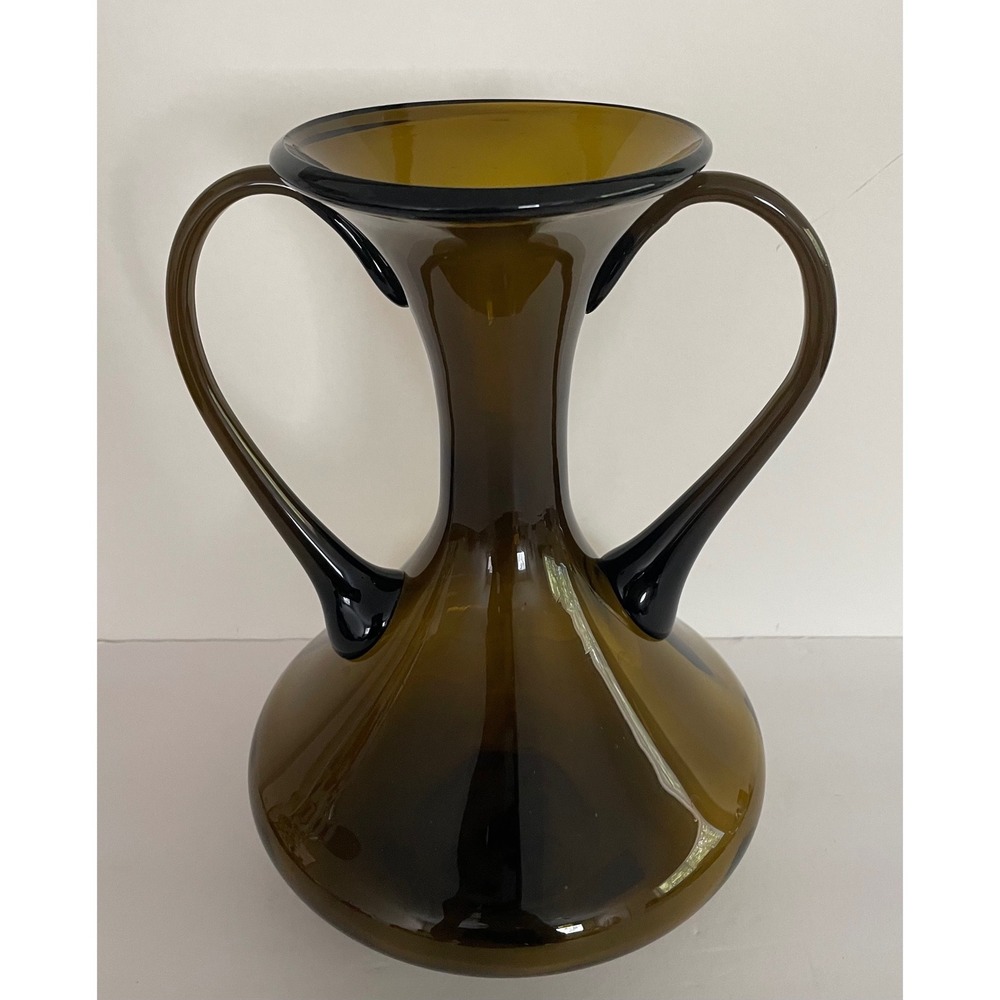 Vtg Mid Century Modern Empoli Glass Double Handle Hand Blown Olive Brown 10.5""